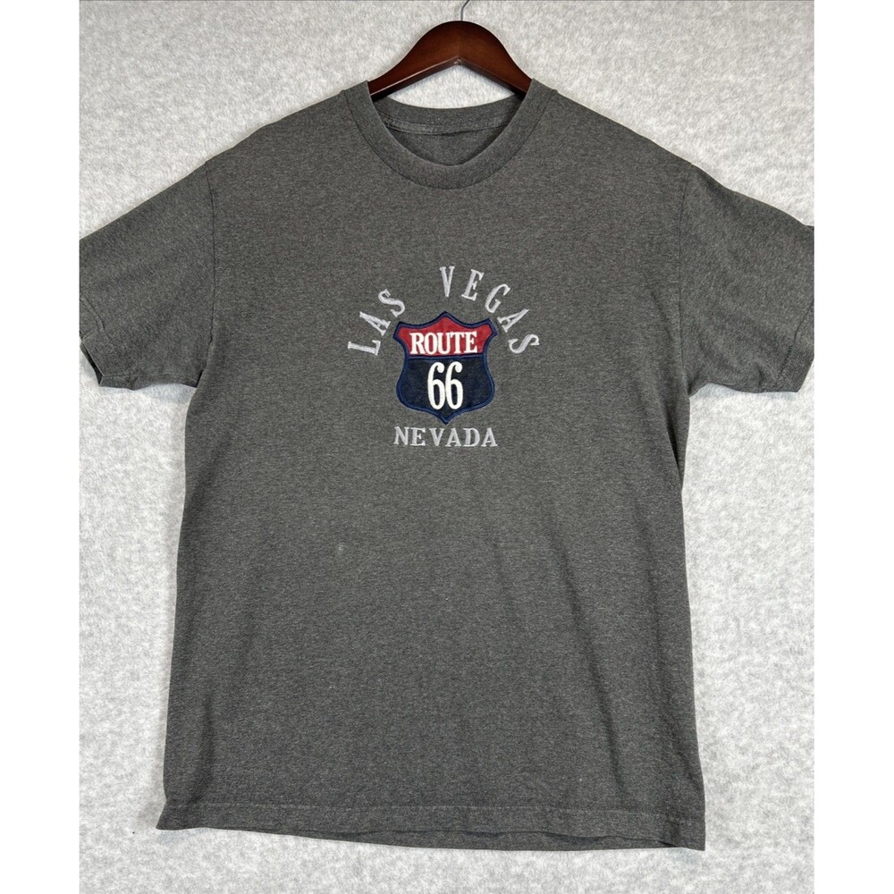 Route 66 Embroidered Las Vegas Men's Cotton Jersey T-Shirt - Gray Large